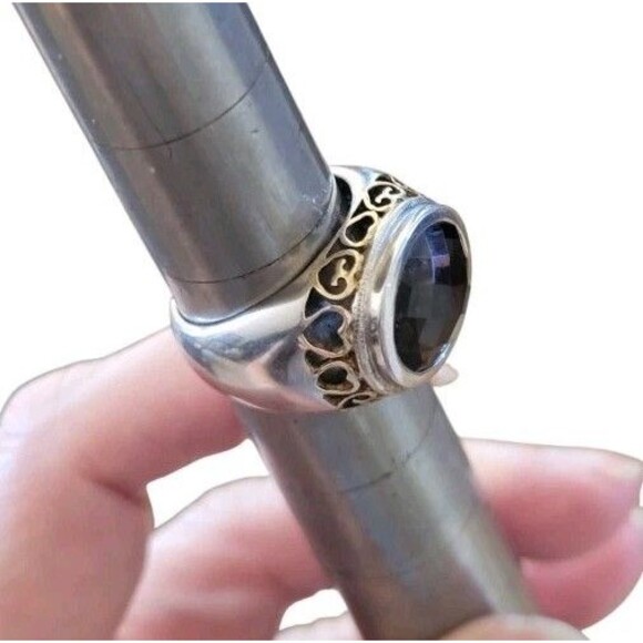 925 Sterling Silver 2-Tone Ring Large Faceted Smoky Topaz Gold Plated hearts 8 - Picture 14 of 14